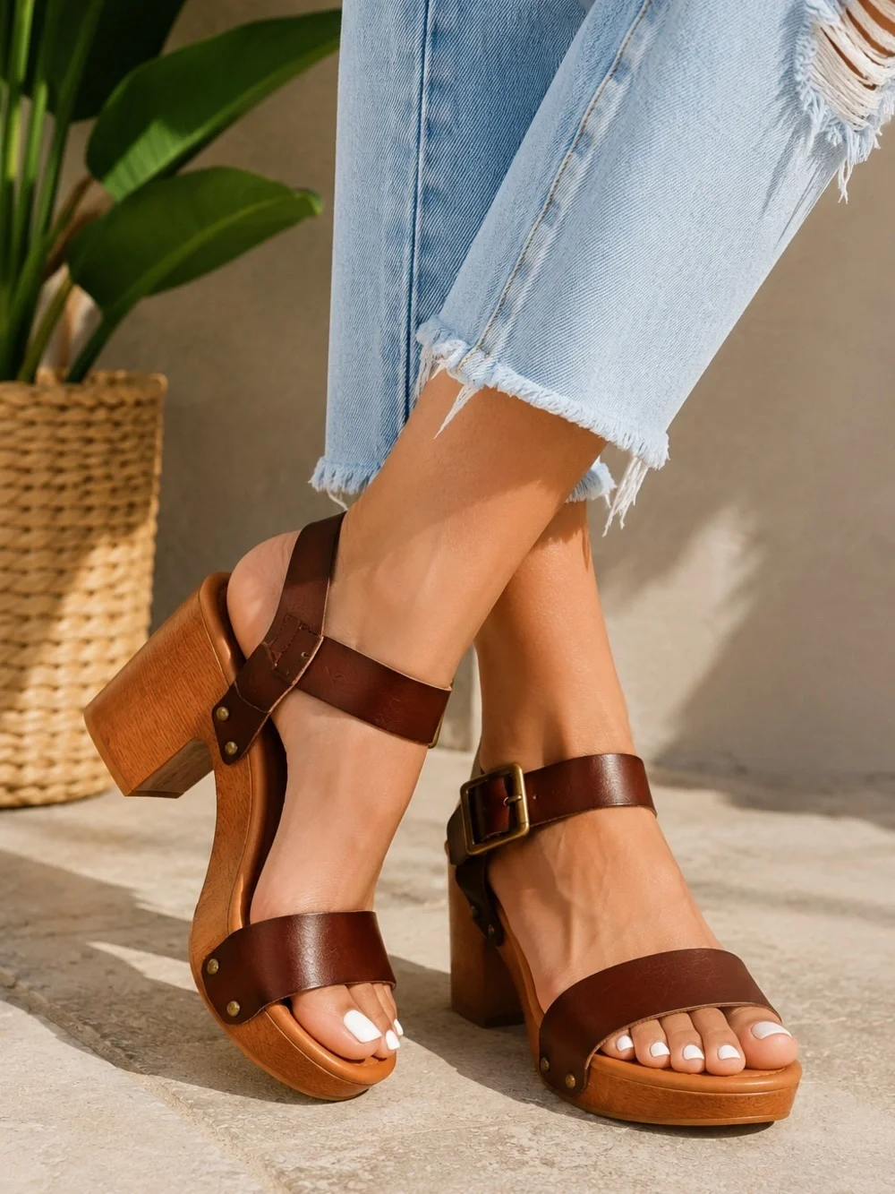 CUSHIONAIRE Women's Sydney Faux Wood Sandals + LiteSole Technology NWT Size 8